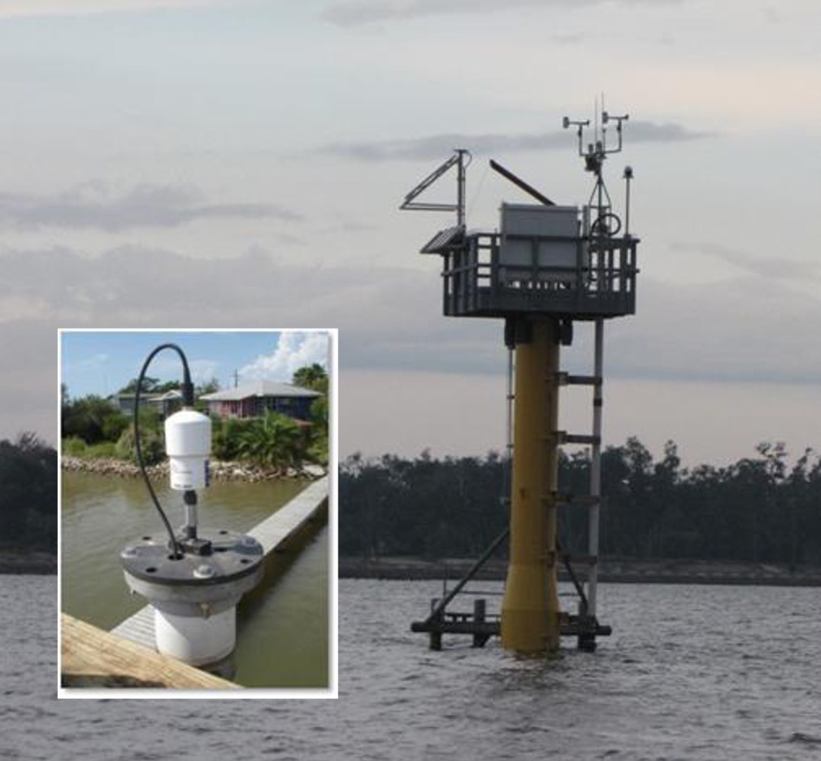 Photo of an elevated NWLON station with an inset photo showing a water level sensor similar to one housed inside the elevated station.